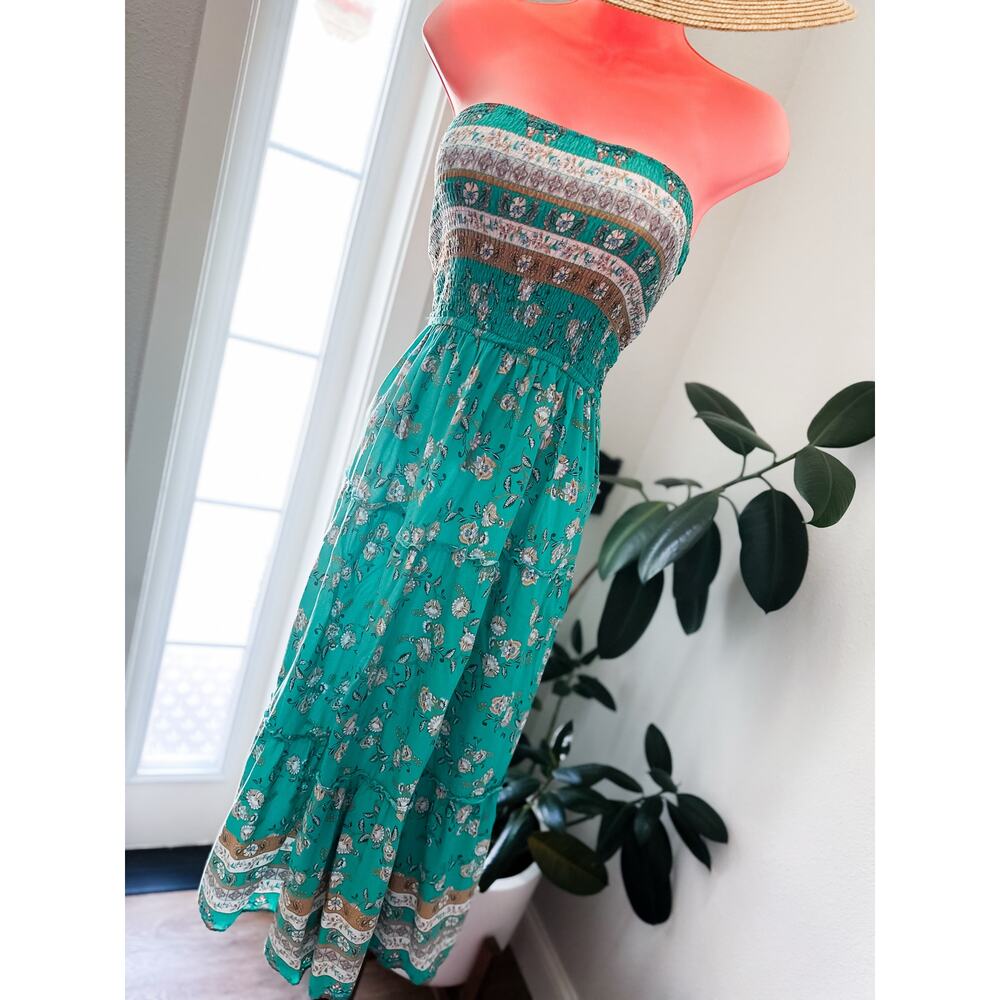 Barefoot Beneath the Palms strapless Smocked flowing boho floral maxi dress M - Picture 9 of 10
